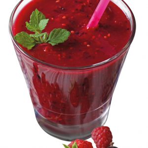 Delicious smoothie with raspberries and currants closeup. Vertic