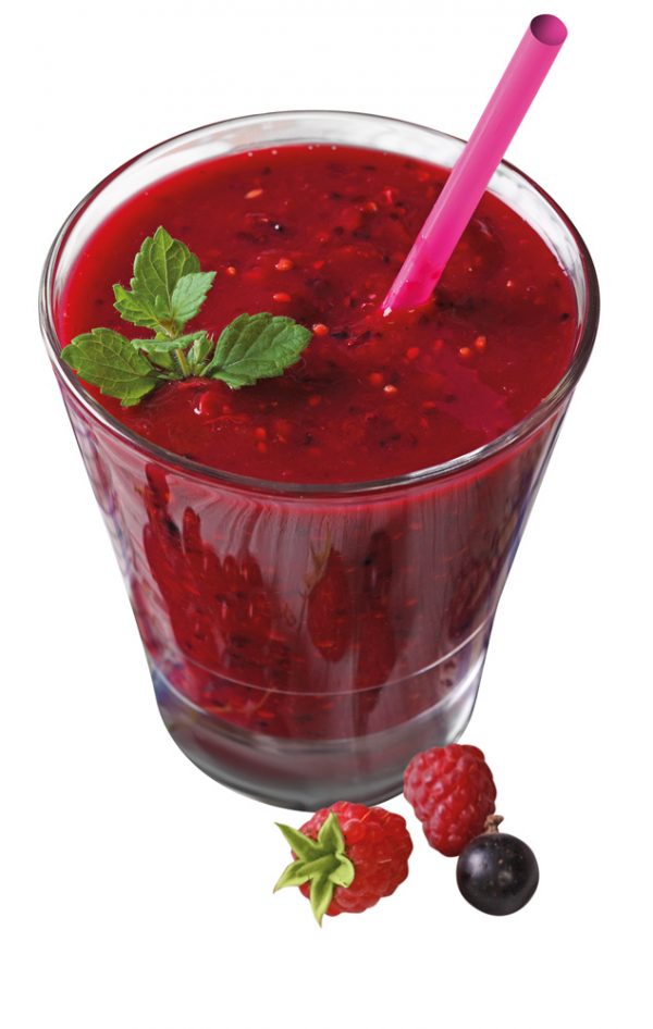 Delicious smoothie with raspberries and currants closeup. Vertic